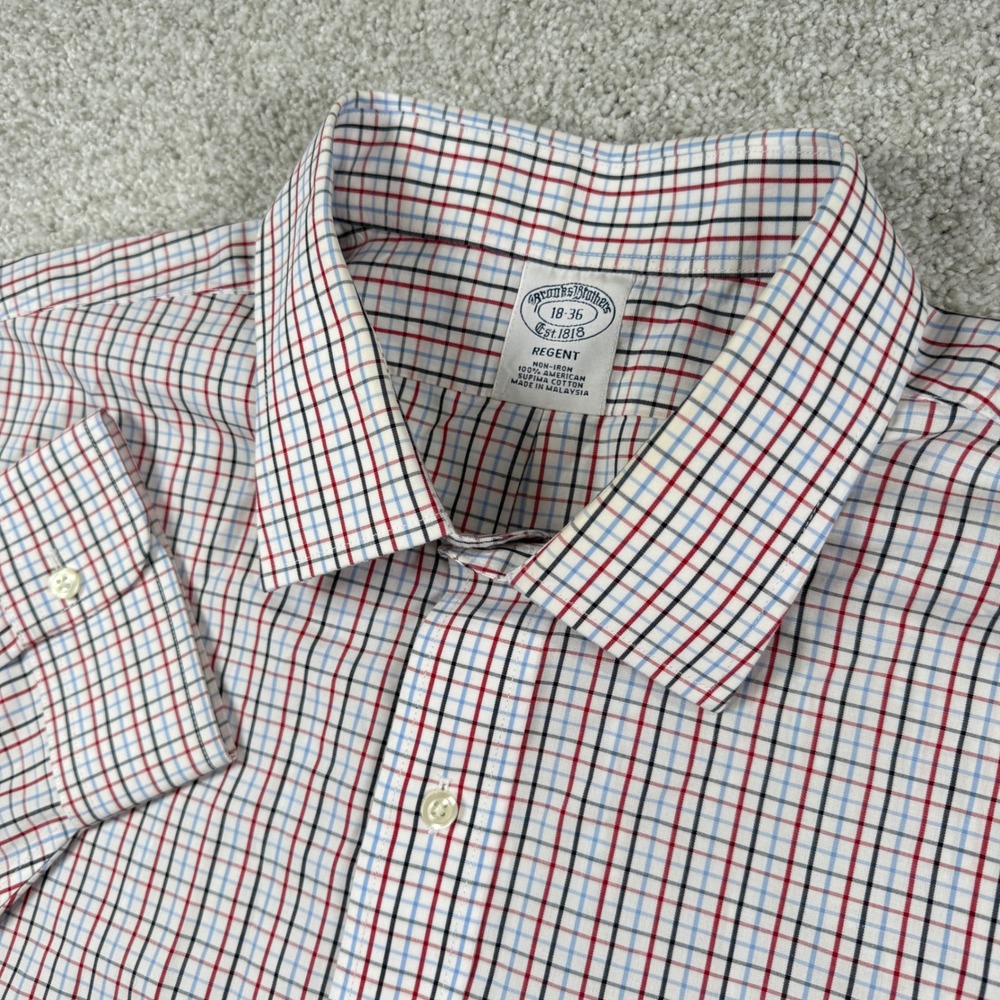 Brooks Brothers Dress Shirt Mens 18-36 White Red Blue Regent Non-Iron‎ Cotton